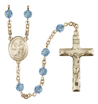 14 Karat Gold 6mm Austrian Crystal Saint Luke the Apostle Rosary in Aqua