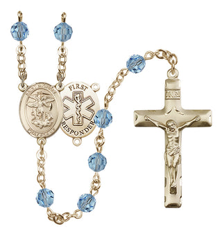 14 Karat Gold 6mm Austrian Crystal Saint Michael/1St Responder Rosary in Aqua