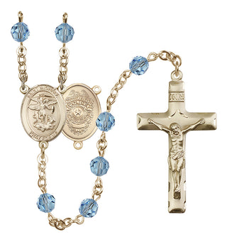 14 Karat Gold 6mm Austrian Crystal Saint Michael the Archangel/Policeman Rosary in Aqua