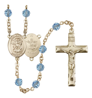 14 Karat Gold 6mm Austrian Crystal Saint Michael / Army Rosary in Aqua