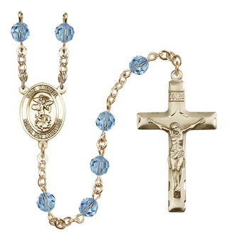 14 Karat Gold 6mm Austrian Crystal San Miguel Arcangel Rosary in Aqua