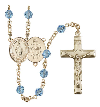 14 Karat Gold 6mm Austrian Crystal Virgen Milagrosa Rosary in Aqua