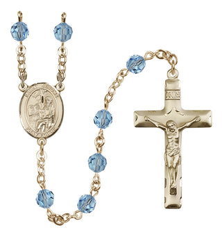 14 Karat Gold 6mm Austrian Crystal Saint Jerome Rosary in Aqua