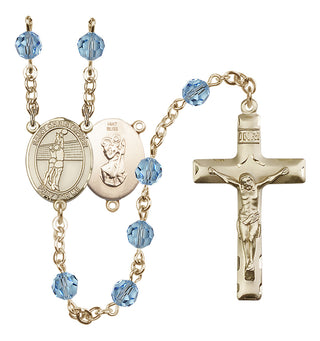 14 Karat Gold 6mm Austrian Crystal Saint Christopher/Volleyball Rosary in Aqua