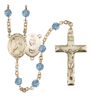 14 Karat Gold 6mm Austrian Crystal Saint Christopher/Football Rosary in Aqua