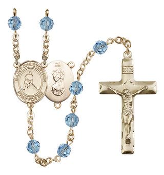 14 Karat Gold 6mm Austrian Crystal Saint Christopher/Ice Hockey Rosary in Aqua