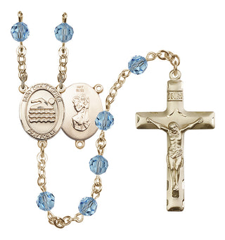 14 Karat Gold 6mm Austrian Crystal Saint Christopher/Swimming Rosary in Aqua