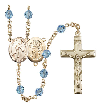 14 Karat Gold 6mm Austrian Crystal Saint Sebastian/Basketball Rosary in Aqua