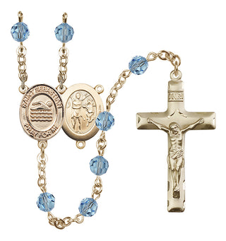14 Karat Gold 6mm Austrian Crystal Saint Sebastian/Swimming Rosary in Aqua