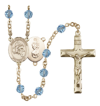 14 Karat Gold 6mm Austrian Crystal Saint Christopher/Motorcycle Rosary in Aqua
