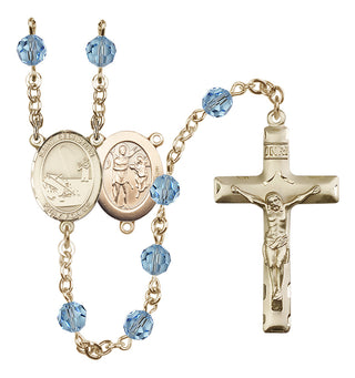 14 Karat Gold 6mm Austrian Crystal Saint Sebastian / Fishing Rosary in Aqua