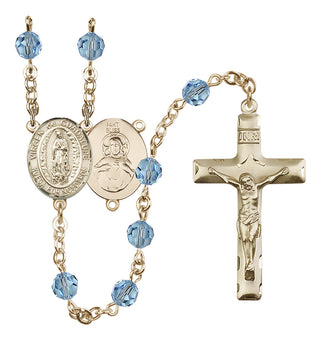 14 Karat Gold 6mm Austrian Crystal Virgen de Guadalupe Rosary in Aqua