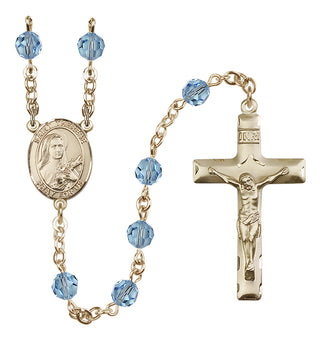 14 Karat Gold 6mm Austrian Crystal Saint Therese of Lisieux Rosary in Aqua