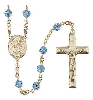 14 Karat Gold 6mm Austrian Crystal Saint Gertrude of Nivelles Rosary in Aqua