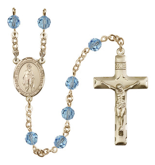 14 Karat Gold 6mm Austrian Crystal Saint Bartholomew the Apostle Rosary in Aqua