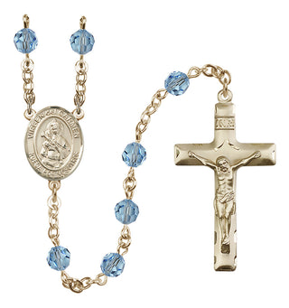 14 Karat Gold 6mm Austrian Crystal Virgen del Carmen Rosary in Aqua