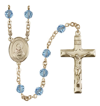 14 Karat Gold 6mm Austrian Crystal Saint Rebecca Rosary in Aqua