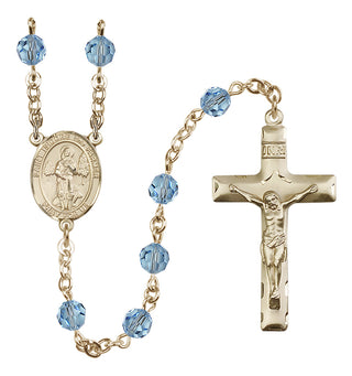 14 Karat Gold 6mm Austrian Crystal Saint Isidore the Farmer Rosary in Aqua