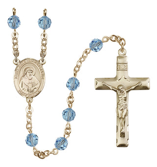 14 Karat Gold 6mm Austrian Crystal Saint Bede the Venerable Rosary in Aqua