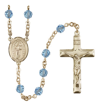 14 Karat Gold 6mm Austrian Crystal Saint Matthias the Apostle Rosary in Aqua