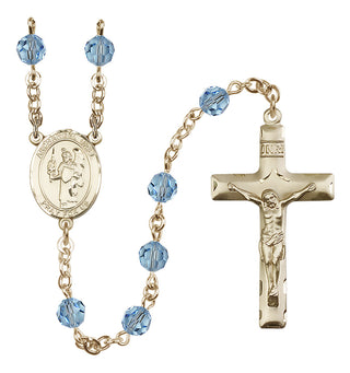 14 Karat Gold 6mm Austrian Crystal Saint Uriel the Archangel Rosary in Aqua