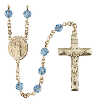 14 Karat Gold 6mm Austrian Crystal Saint Columbkille Rosary in Aqua