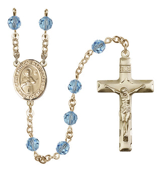 14 Karat Gold 6mm Austrian Crystal Saint Anthony Mary Claret Rosary in Aqua