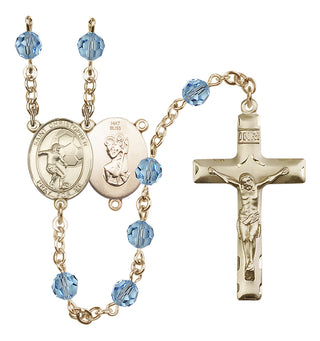 14 Karat Gold 6mm Austrian Crystal Saint Christopher / Football Rosary in Aqua