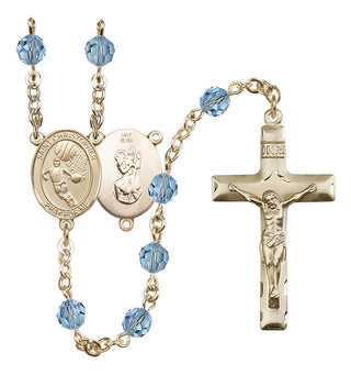 14 Karat Gold 6mm Austrian Crystal Saint Christopher/Basketball Rosary in Aqua