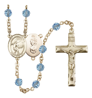 14 Karat Gold 6mm Austrian Crystal Saint Christopher/Soccer Rosary in Aqua