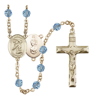 14 Karat Gold 6mm Austrian Crystal Saint Christopher/Swimming Rosary in Aqua