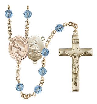 14 Karat Gold 6mm Austrian Crystal Guardian Angel/Football Rosary in Aqua