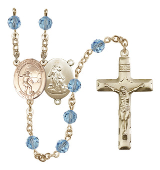 14 Karat Gold 6mm Austrian Crystal Guardian Angel/Soccer Rosary in Aqua