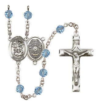 Sterling Silver 6mm Austrian Crystal Saint Michael the Archangel/Policeman Rosary in Aqua