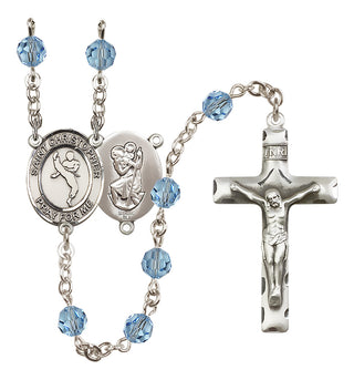 Sterling Silver 6mm Austrian Crystal Saint Christopher/Martial Arts Rosary in Aqua