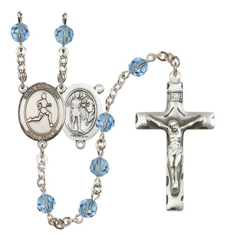 Sterling Silver 6mm Austrian Crystal Saint Sebastian/Track & Field Rosary in Aqua