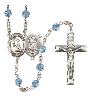 Sterling Silver 6mm Austrian Crystal Saint Christopher / Rugby Rosary in Aqua