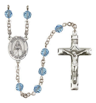 Sterling Silver 6mm Austrian Crystal Our Lady Rosa Mystica Rosary in Aqua