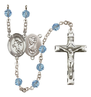 Sterling Silver 6mm Austrian Crystal Saint Christopher/Track&Field-Women Rosary in Aqua