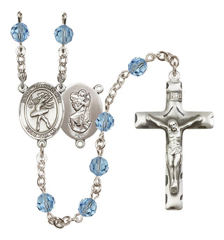 Sterling Silver 6mm Austrian Crystal Saint Christopher/Dance Rosary in Aqua