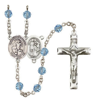 Sterling Silver 6mm Austrian Crystal Saint Sebastian/Soccer-Women Rosary in Aqua