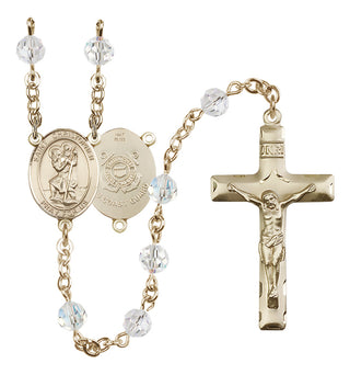 14 Karat Gold 6mm Austrian Crystal Saint Christopher / Coast Guard Rosary in Crystal