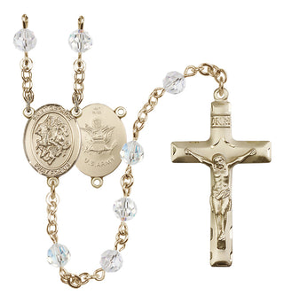 14 Karat Gold 6mm Austrian Crystal Saint George / Army Rosary in Crystal