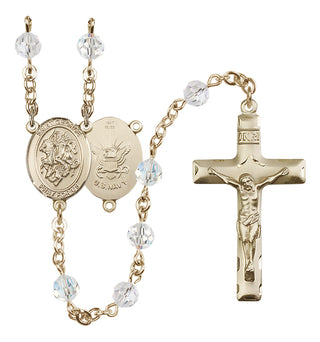 14 Karat Gold 6mm Austrian Crystal Saint George / Navy Rosary in Crystal