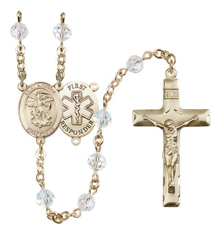 14 Karat Gold 6mm Austrian Crystal Saint Michael/1St Responder Rosary in Crystal