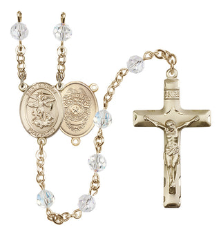 14 Karat Gold 6mm Austrian Crystal Saint Michael the Archangel/Policeman Rosary in Crystal