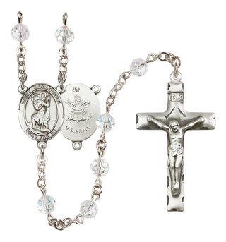 Sterling Silver 6mm Austrian Crystal Saint Christopher / Army Rosary in Crystal