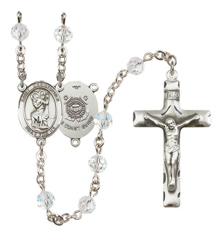 Sterling Silver 6mm Austrian Crystal Saint Christopher / Coast Guard Rosary in Crystal