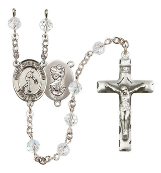 Sterling Silver 6mm Austrian Crystal Saint Christopher/Basketball Rosary in Crystal