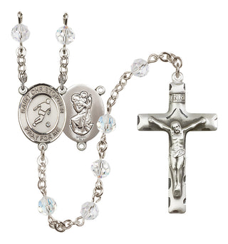 Sterling Silver 6mm Austrian Crystal Saint Christopher/Soccer Rosary in Crystal